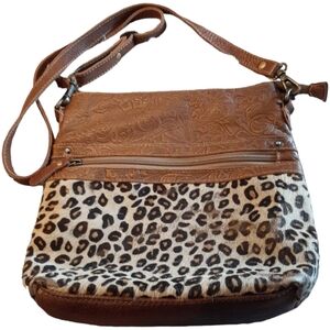 Myra Collection Composition Leopard Handbag Purse Brown Leather